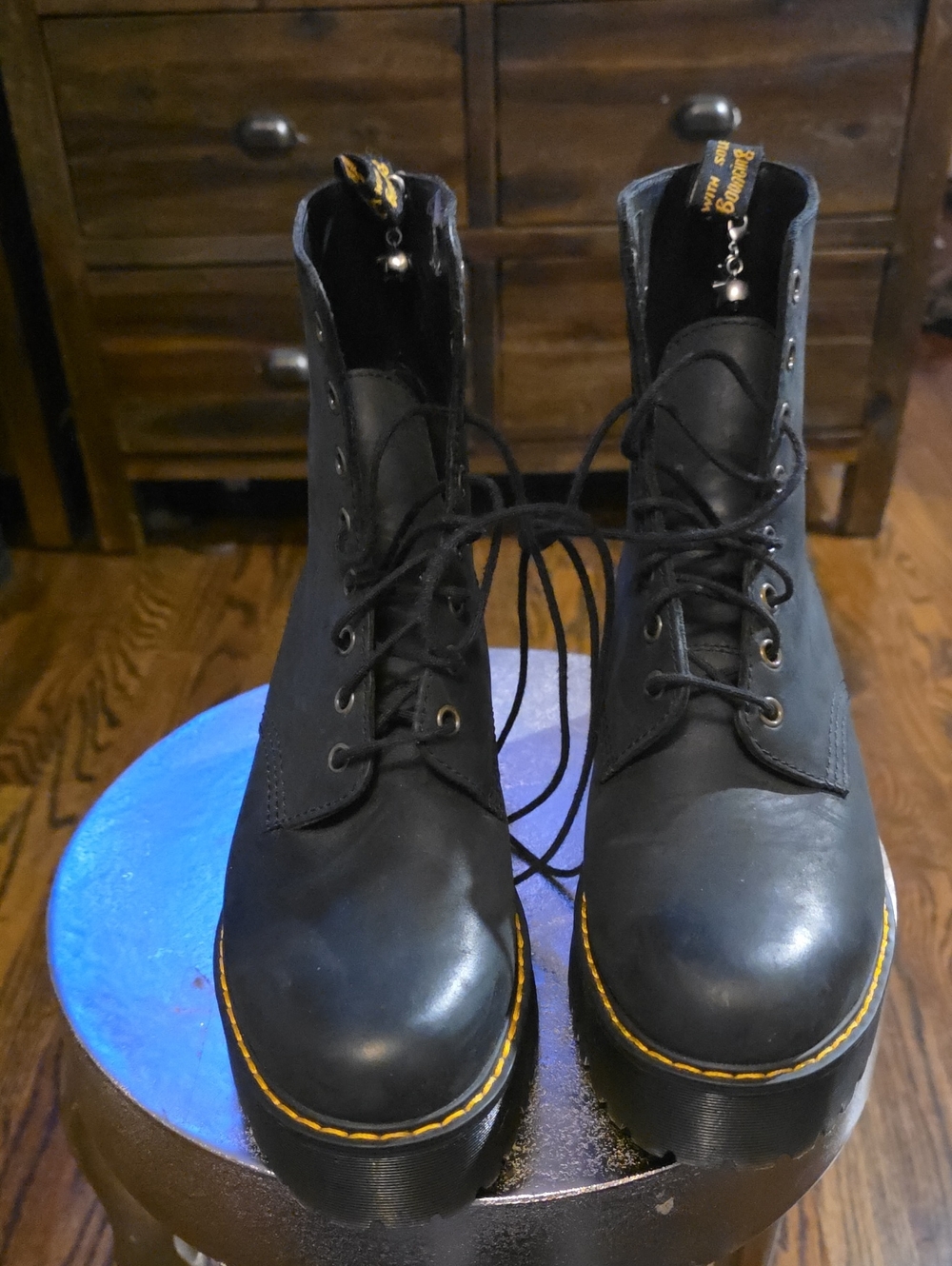 Dr. Martens Black Lace-Up Platform Boots with Yellow Stitching
